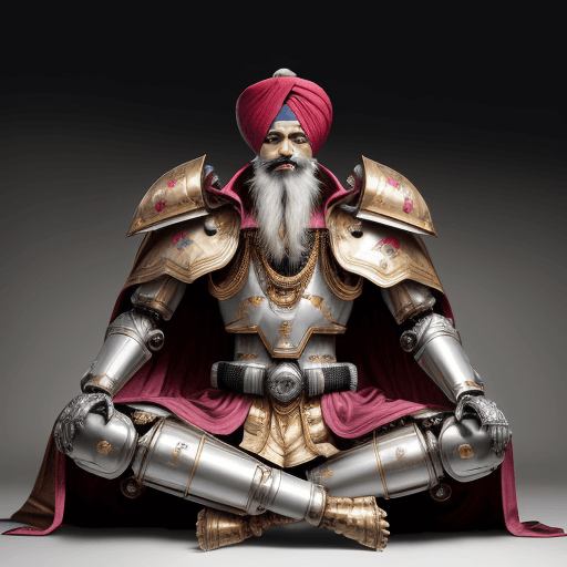 AI generated: 1800s a sikh king, wearing turban and Japanese mecha exoskeleton gundam suit warhammer; long heavy c...