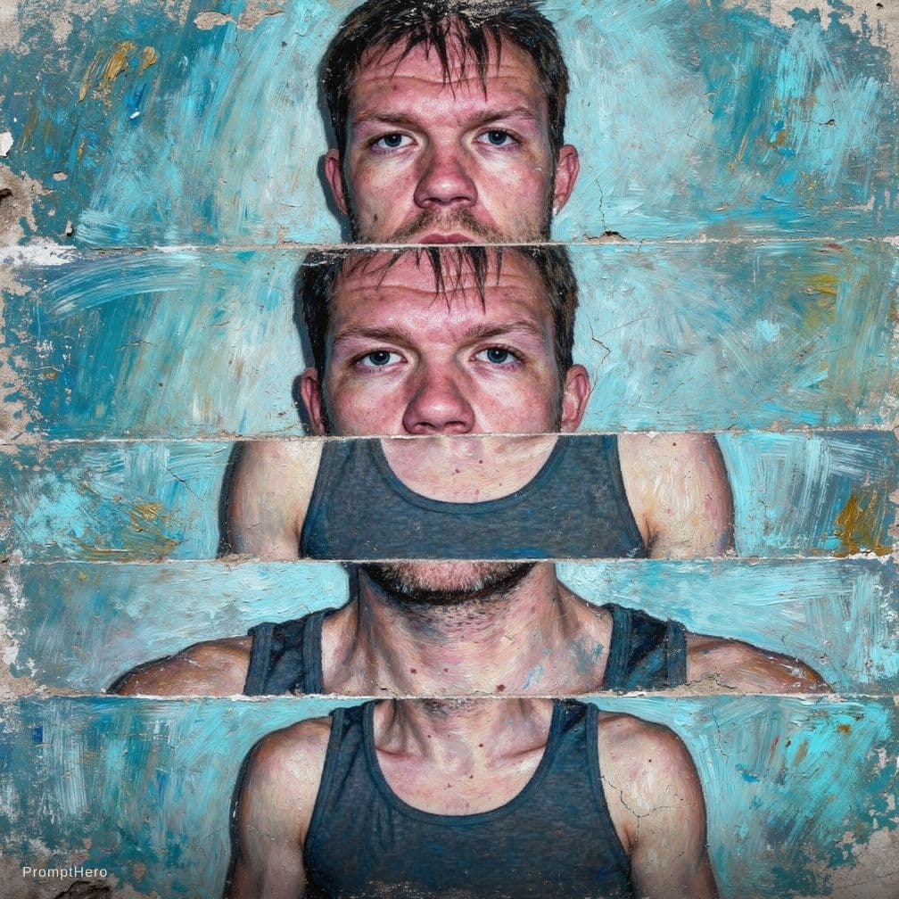 AI generated: print collage of the uploaded man's face, in the style of josef kote, grunge beauty, dain yoon, cyan...