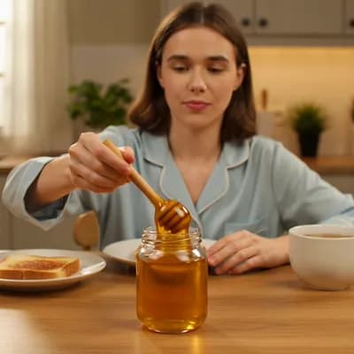 AI generated video: A person having honey in th morning with breakfast 