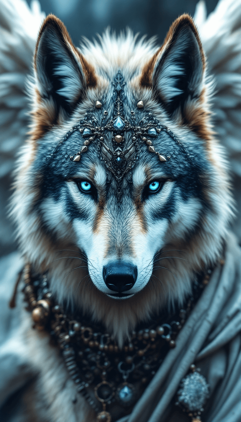 AI generated: Face of a angel wolf, many accessories, detailled, face