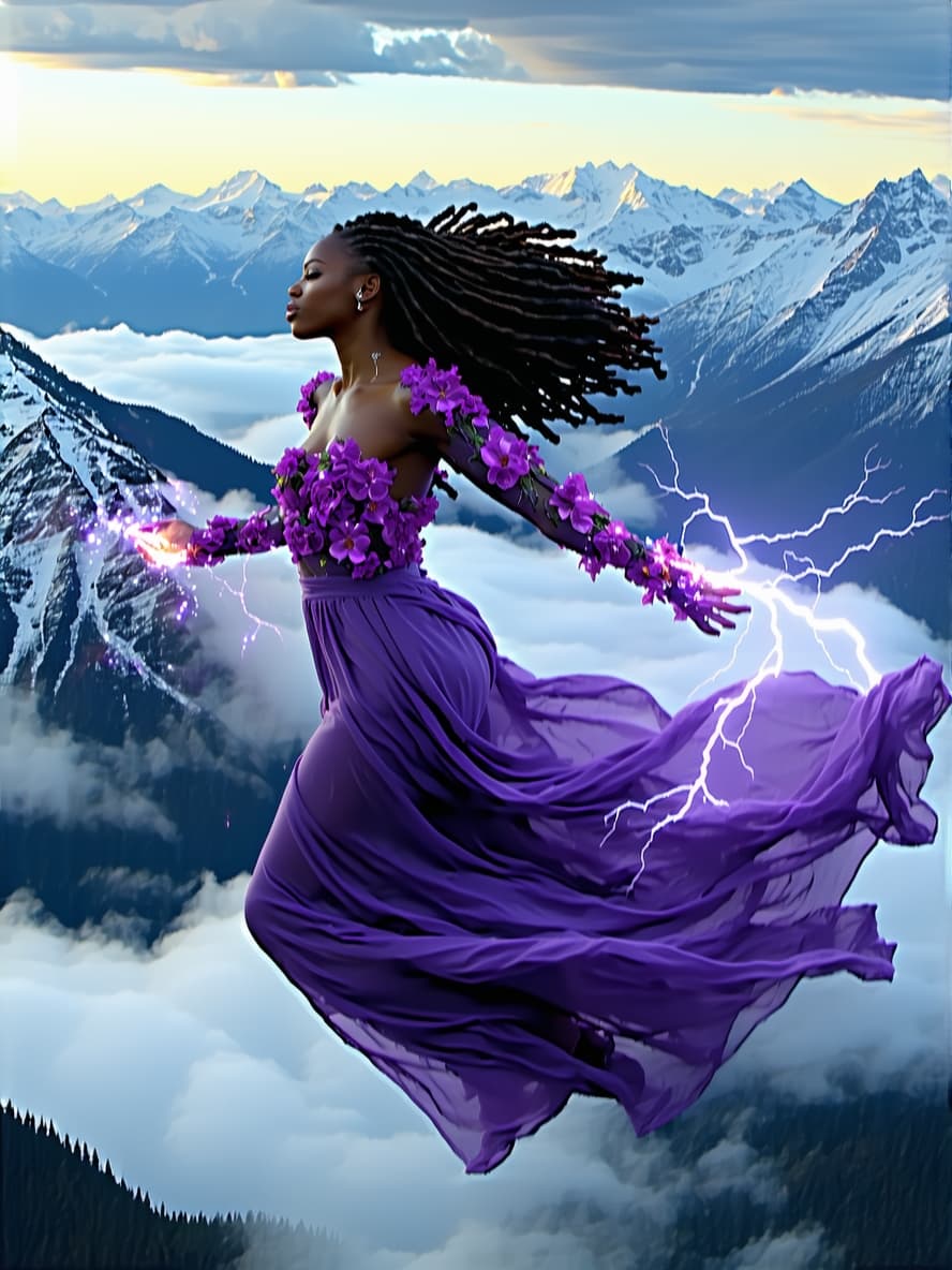 AI generated: African American woman flying above snow capped mountains, she’s wearing a purple gown made from rea...