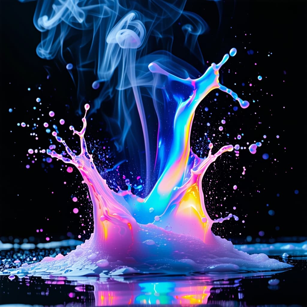 AI generated: glowing holographic milky fluid splashes, with powder, black background, hq abstract background fine...