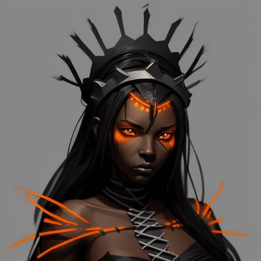 AI generated: An image of a ebony skin female with crown of barbed wire and a glow orange, in the style of speedpa...