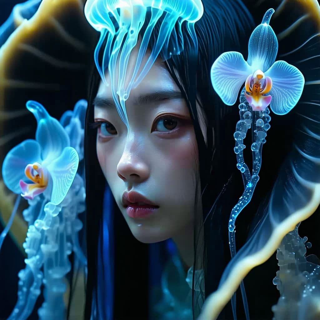 AI generated: Goddess close-up portrait ribcagel. jellyfish phoenix head, nautilus, orchid, skull, betta fish, bio...