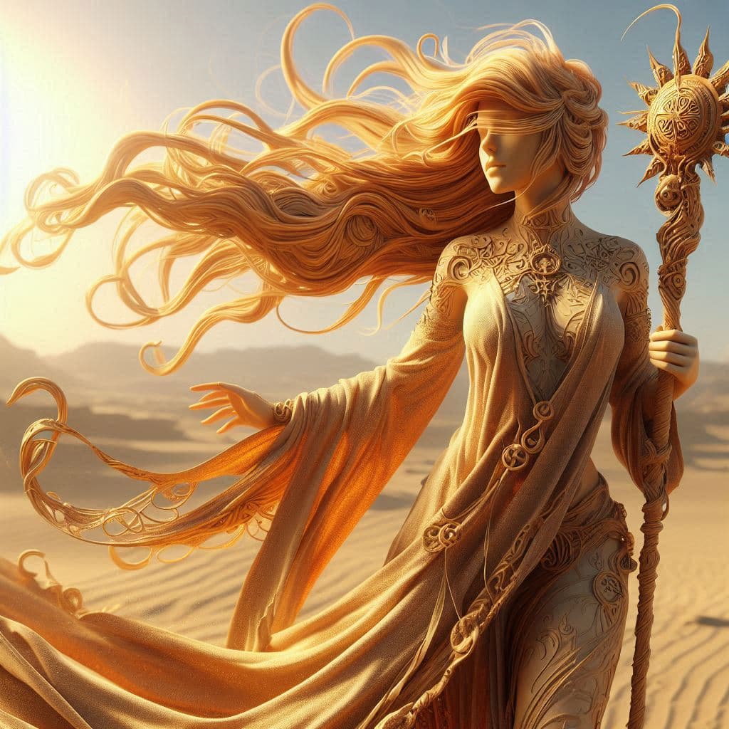 AI generated: A hyper-realistic 3D character of a desert enchantress, her figure flickering like a mirage beneath ...