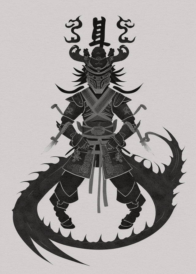 AI generated: japanese samurai in of a dragon, in the style of minimalist ink wash, 2d game art, witchcore, light ...