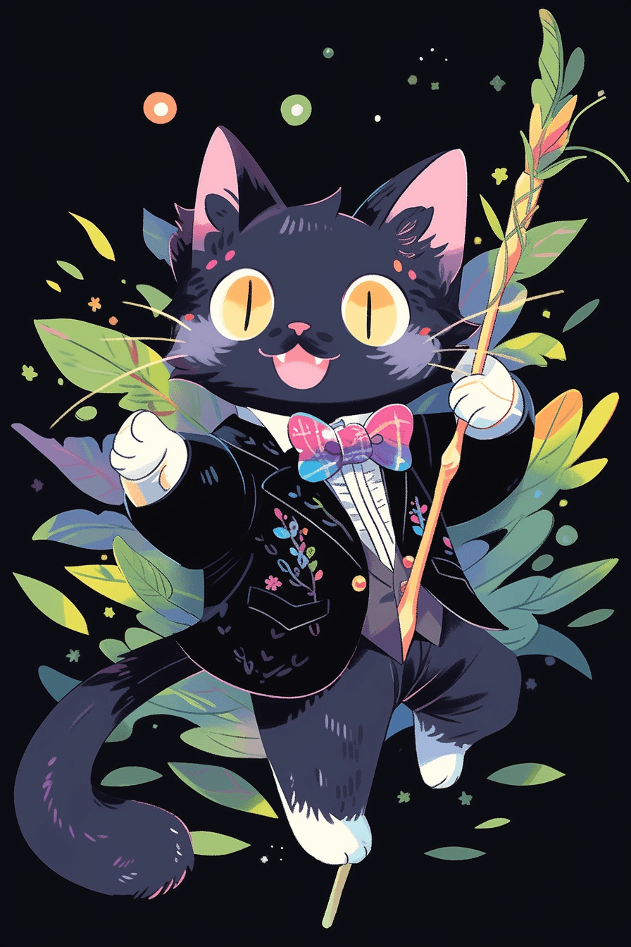 AI generated: A mischievous cat character in a polka dot bowtie, holding a leaf patterned staff, sparkling yellow ...
