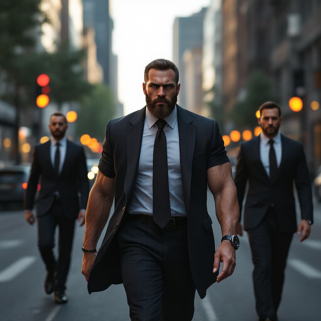 AI generated: A beardless, muscular and rich man, without glasses, walks along a wide street, accompanied by two s...