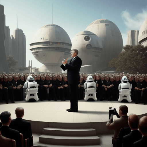 AI generated: Hyper realistic eye level exterior photo of a mid century modern style president making a speech to ...