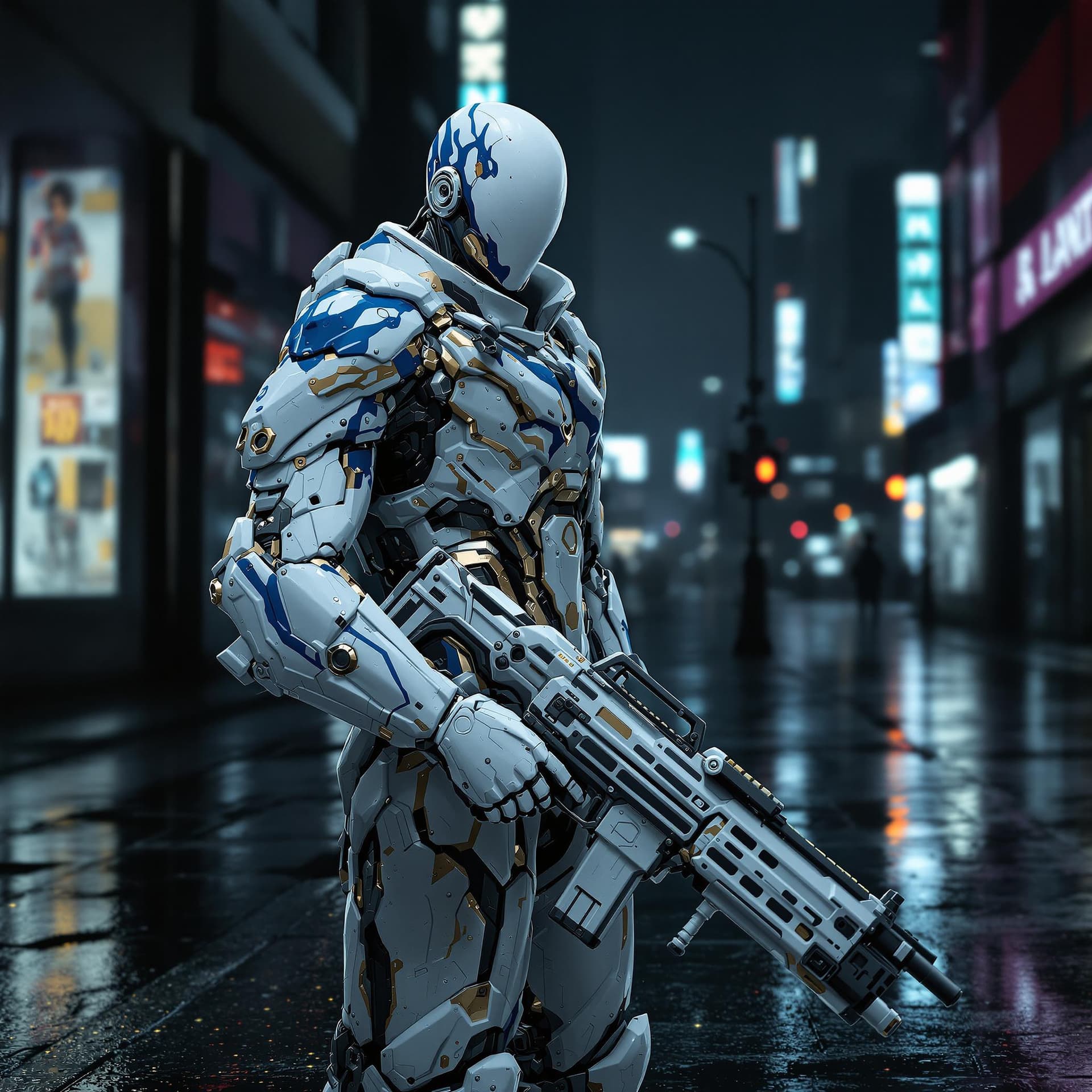 AI generated: porcelain white with blue paint and gold , cyber, 8k, ultra realistic, cyborg, transhumanism, futuri...
