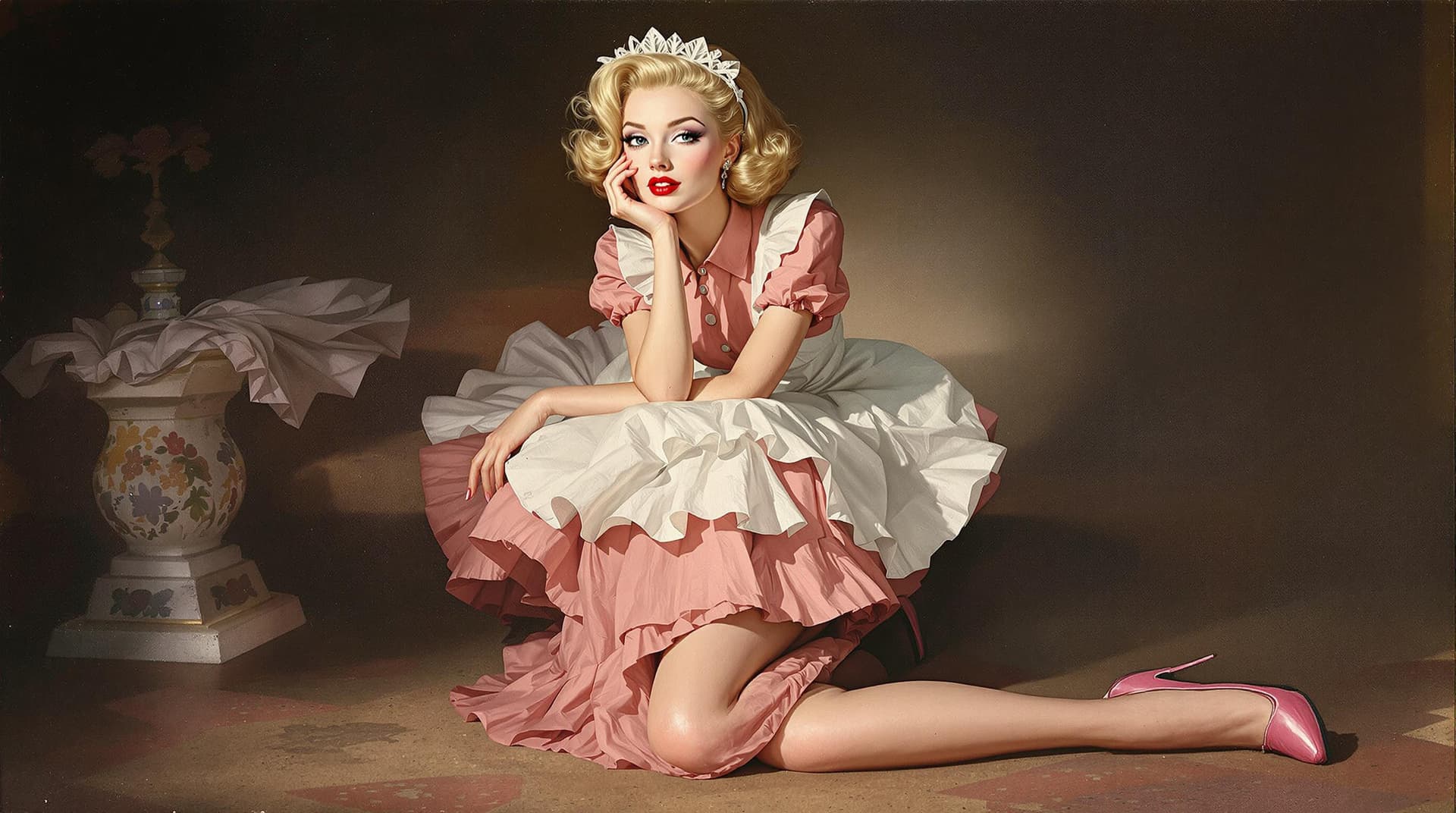 AI generated: 1950s blonde haired maid, pin-up girl, beautiful, pink maid dress, pink high heel shoes, retro, oil ...