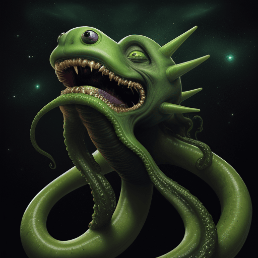 AI generated:  high quality foto of a green black alien space monster, moster with grimaces and big very long teet...