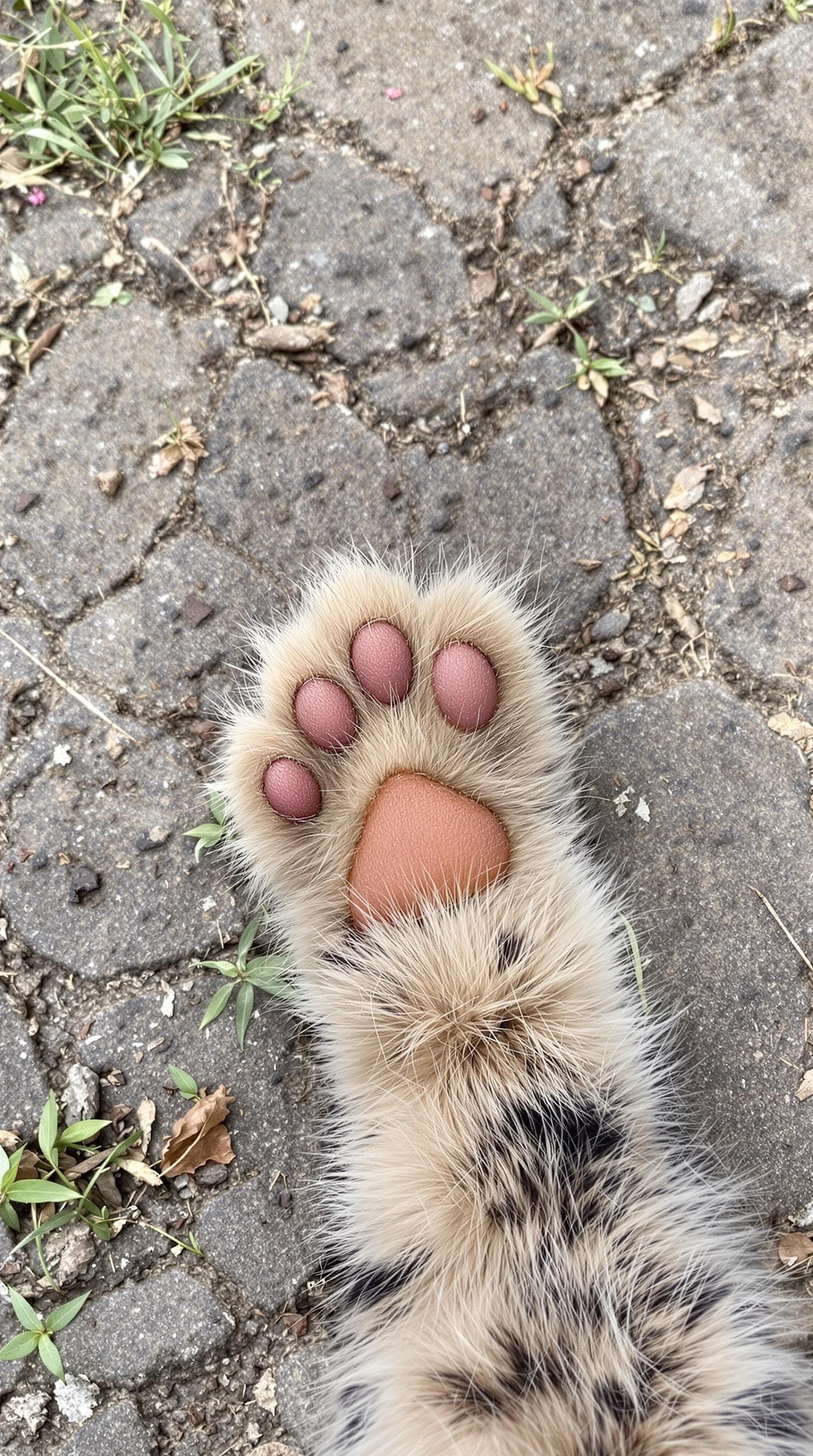 AI generated: first person POV, The paw of a cat lying on the ground.
Camera angle down