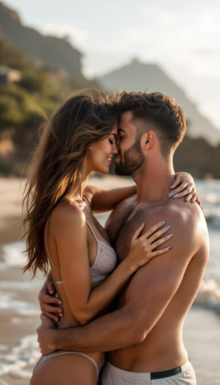 AI generated: 25 year old lady in bra kissing 30 year old man in beach