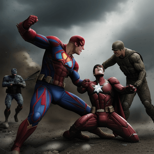 AI generated: Photo of a ultra realistic war scene between super Heros and evil soliders