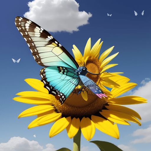 AI generated: crea una mariposa multicolor que se posa sobre un girasol con cielo azul y muchas aves volando