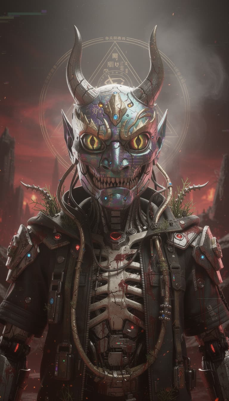 AI generated: 90. cyber punk, oni mask, 3 d render beeple, compound eye of insect, unreal engine
render, portra sp...