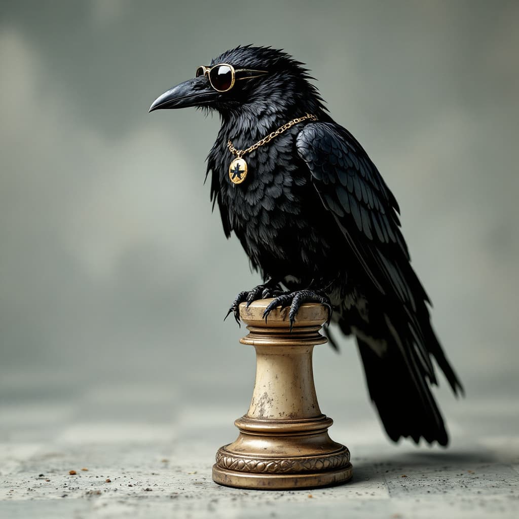 AI generated: noble crow with sunglasses on top of the quenn chess figure