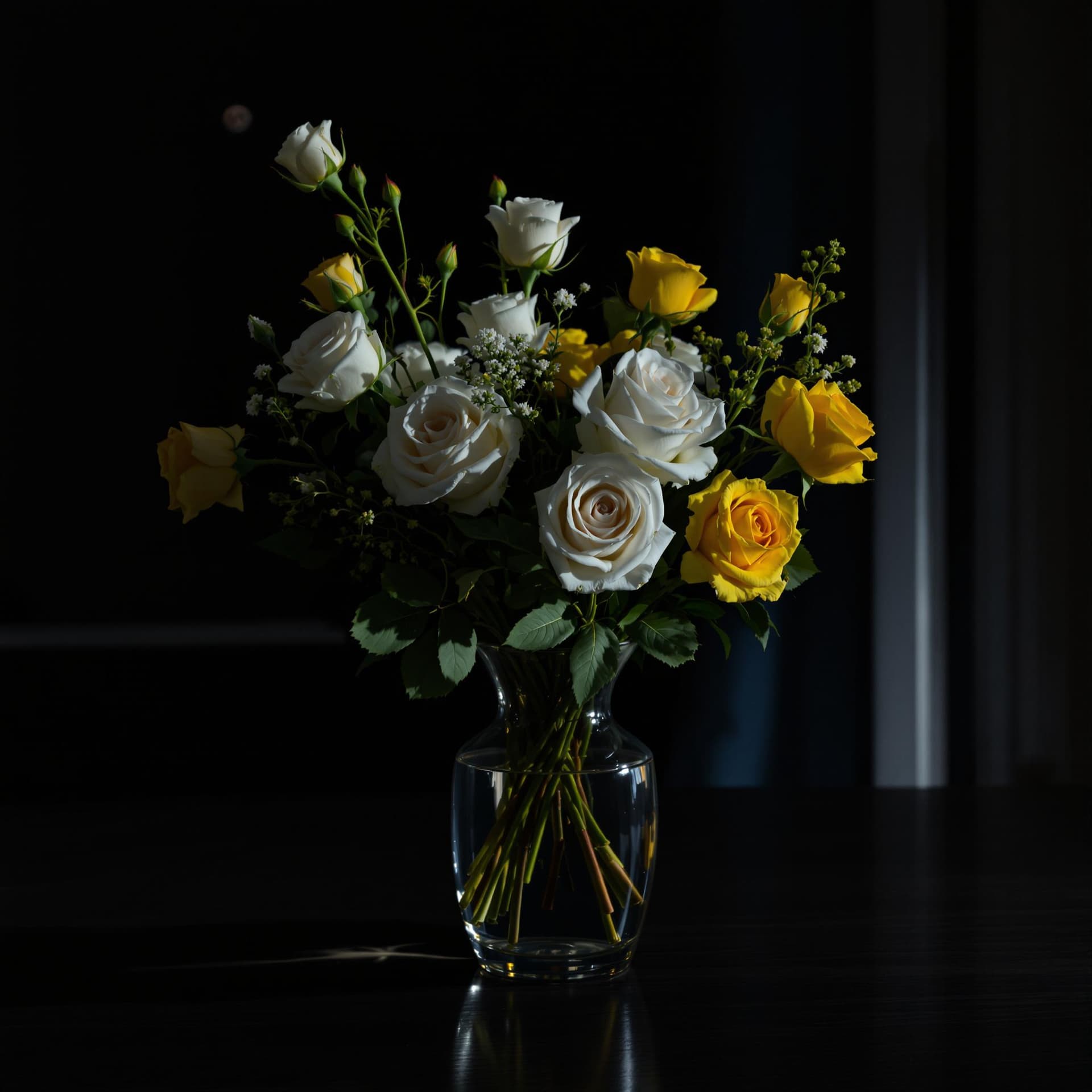 AI generated: A clear vase of white roses and yellow roses sit on a table highlighted in a dark room with the moon...