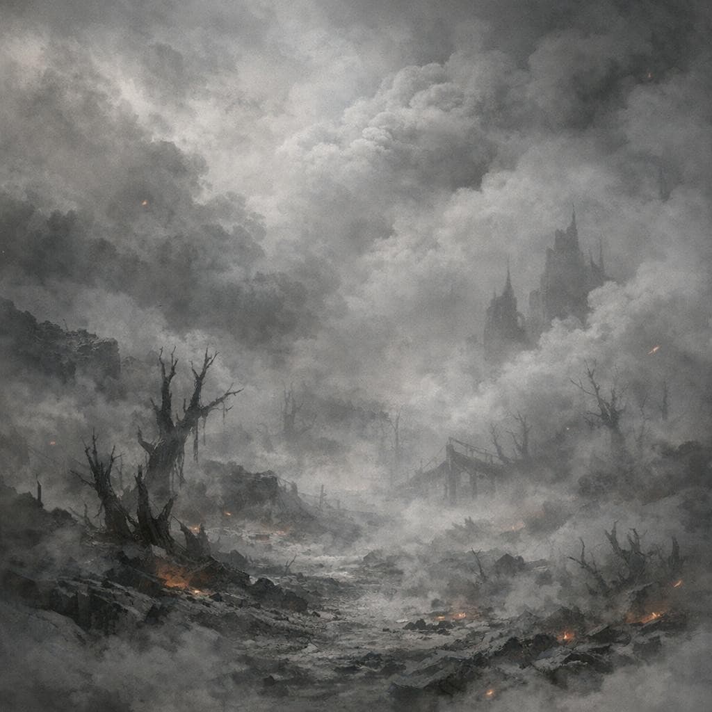 AI generated: Create a unique environment/Biome of a Smoke → The Ashen Veil (thick smoke clouds obscure everything...