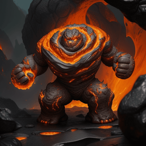 AI generated: Primordial living lava golem, molten interior visibly churning through cracked rocky surface. Depict...