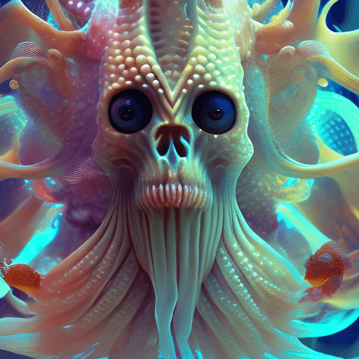 AI generated: Goddess close-up portrait ribcagel. jellyfish phoenix head, nautilus, orchid, skull, betta fish, bio...