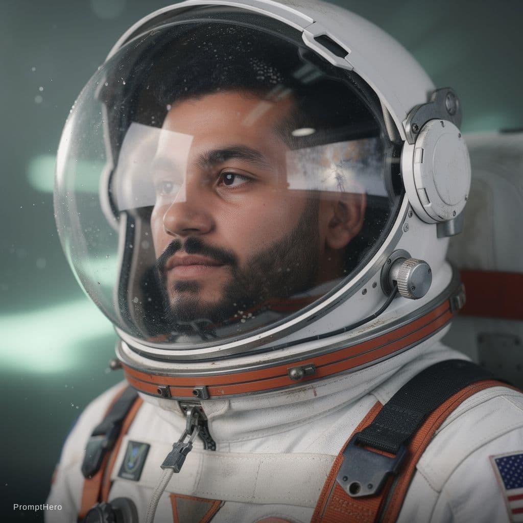 AI generated: The image features a close-up of a man wearing a detailed astronaut suit, with emphasis on the helme...