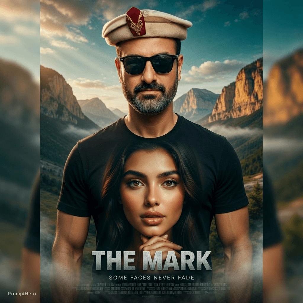 AI generated: "Create a dramatic cinematic movie poster. A handsome bearded man with sunglasses and cap is standin...