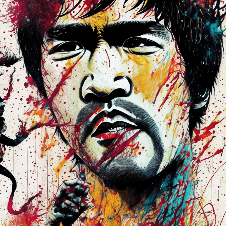 AI generated: Bruce lee, smiling, comprehensive cinematic| Carne Griffiths| Conrad Roset| Anna Dittmann