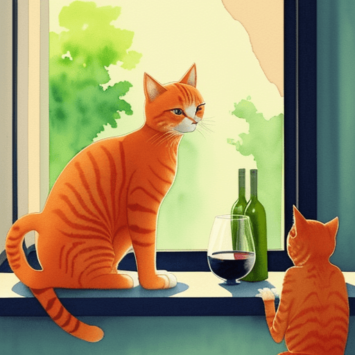 AI generated: water color, a cute orange cat sitting, the cat is looking out of the window, there is a glass of wi...