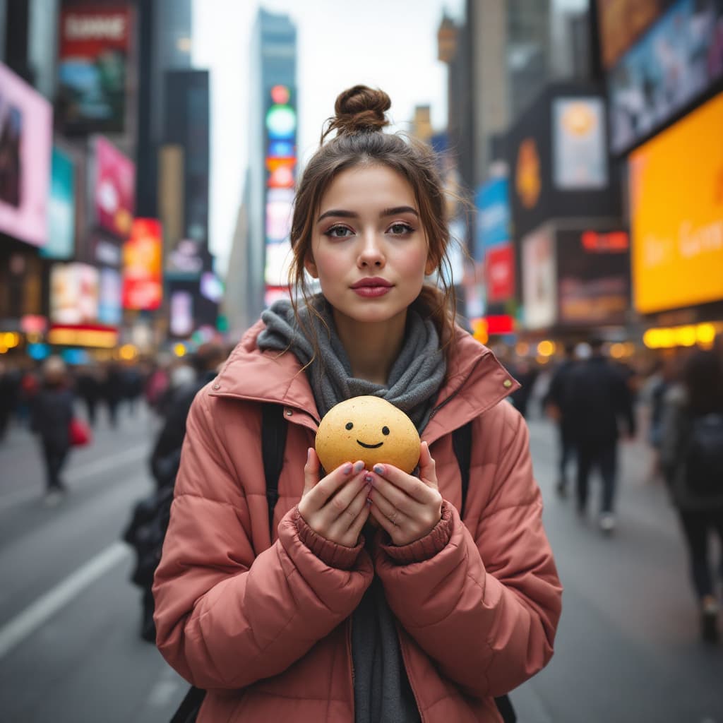 AI generated: A photo model in Times square with one small potato on her her.