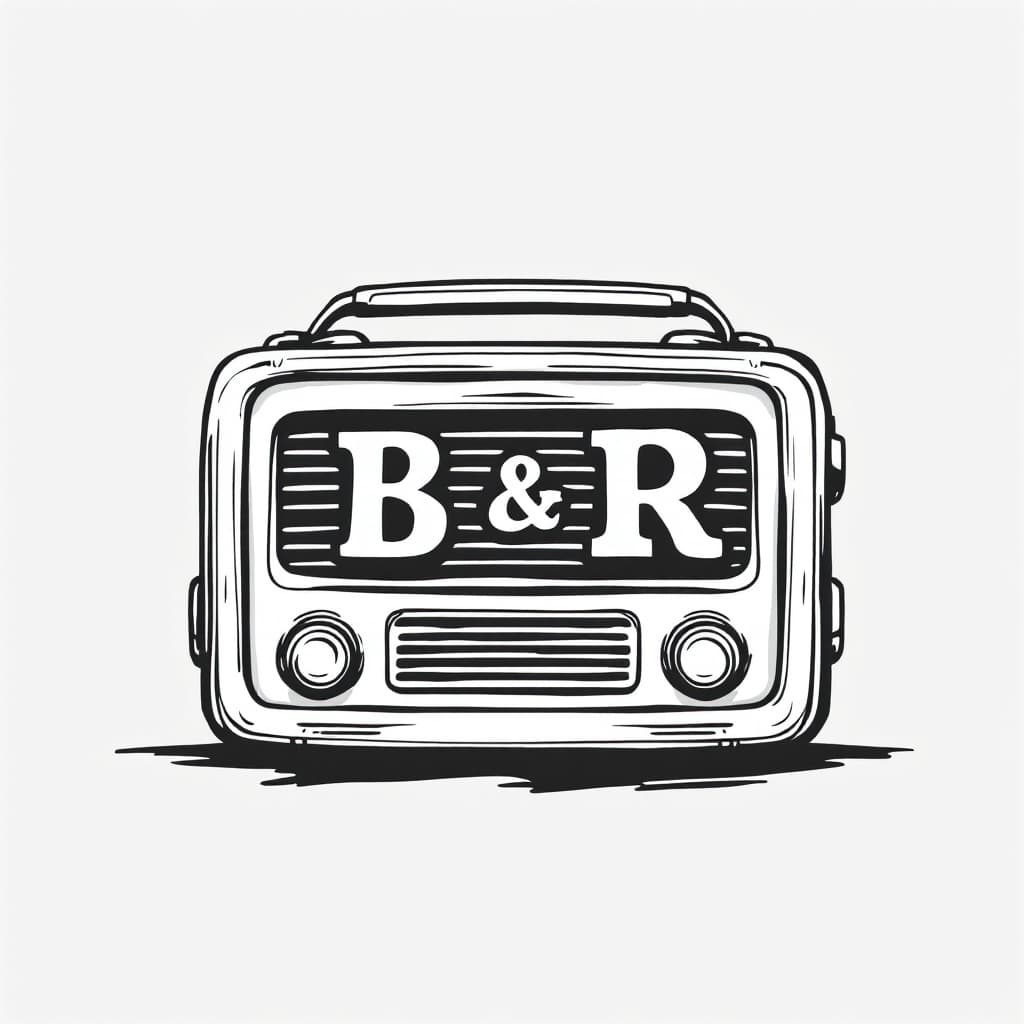 AI generated: logo simple white and grey style an old vintage radio slightly cartoonish with the text B R in a cla...