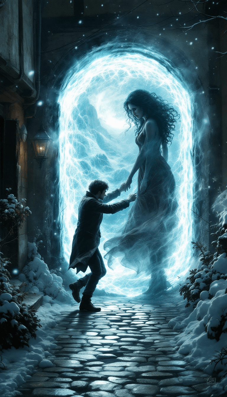 AI generated: Create a hyperrealistic painting in the style of Caspar David Friedrich. Depict a snow-covered cobbl...