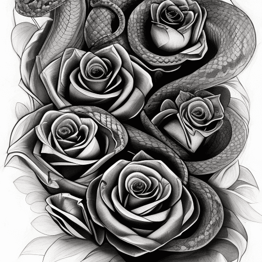 AI generated: snakes, tattoo sketch, smooth transitions, black patterns, more details, more flowers, pions, roses
