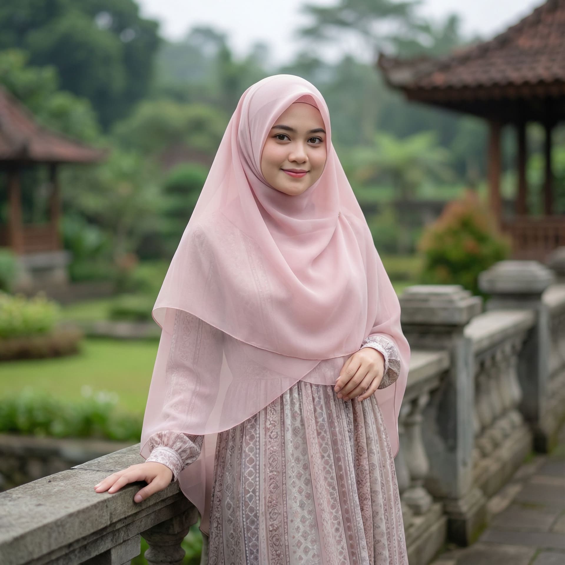 AI generated: Sundanese woman wearing pink color transparent hijab, full body photo, seductive restrained smile, r...