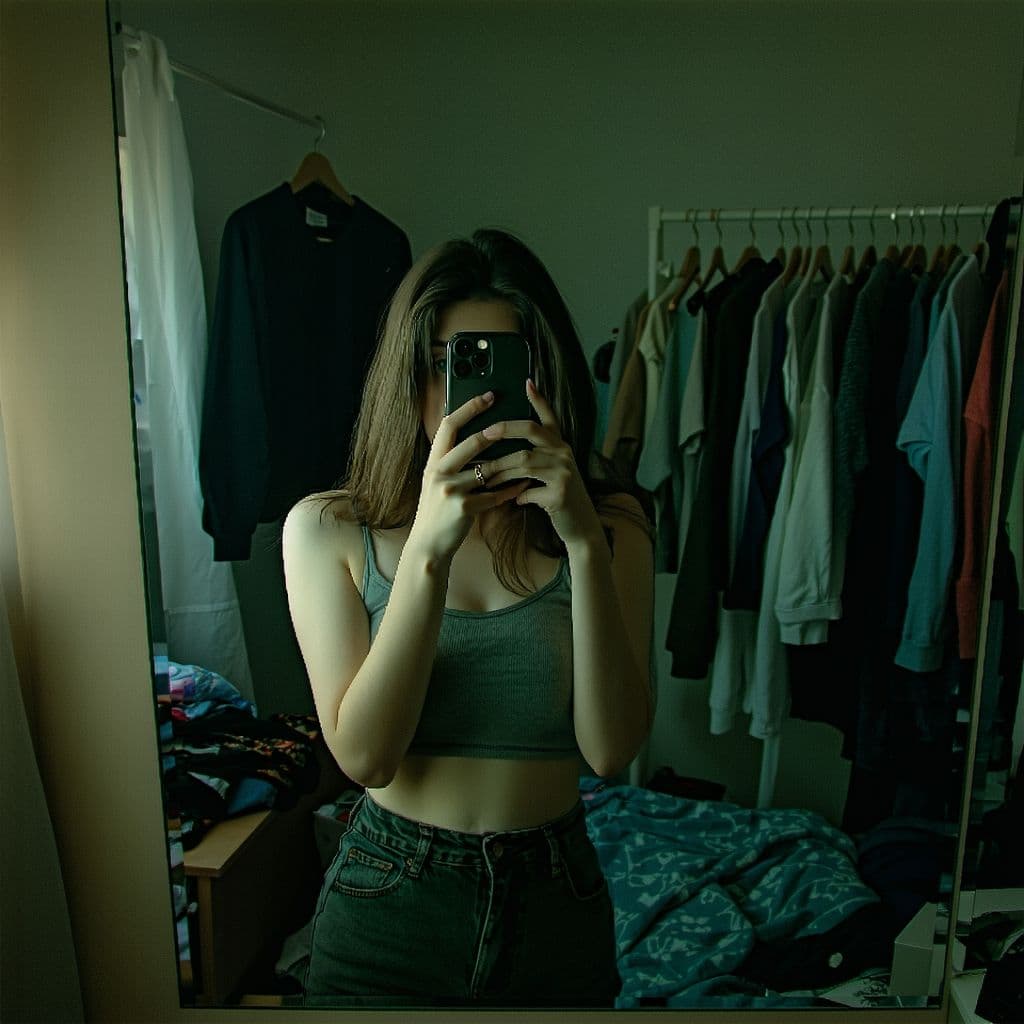 AI generated: A woman stands in front of a mirror, capturing a selfie. The image quality is grainy, with a slight ...