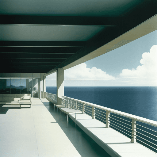 AI generated: Hyper realistic eye level exterior photo of a mid century modern style bridge overlooking the ocean,...