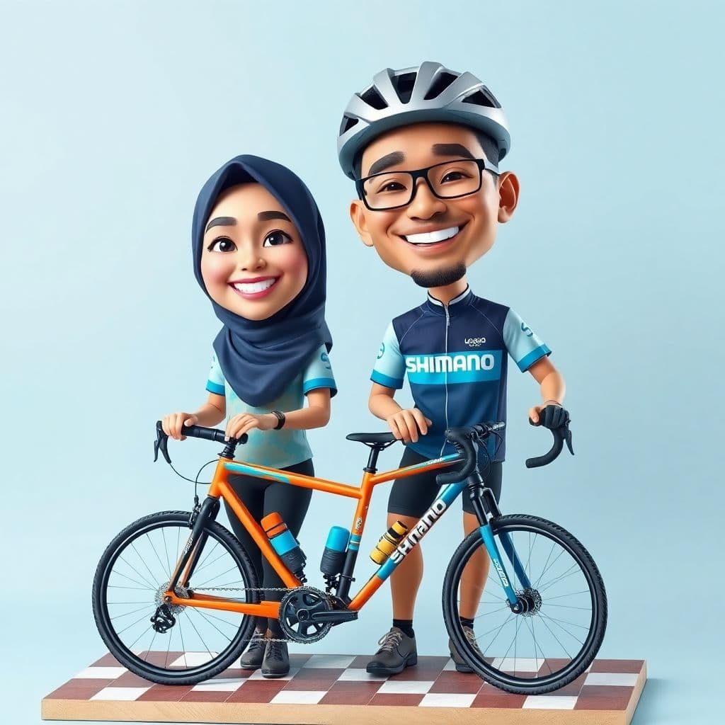AI generated: realistic 4D caricature of a hijab girl and an Indonesian Man, 29 oyo, wearing a colorful shimano co...