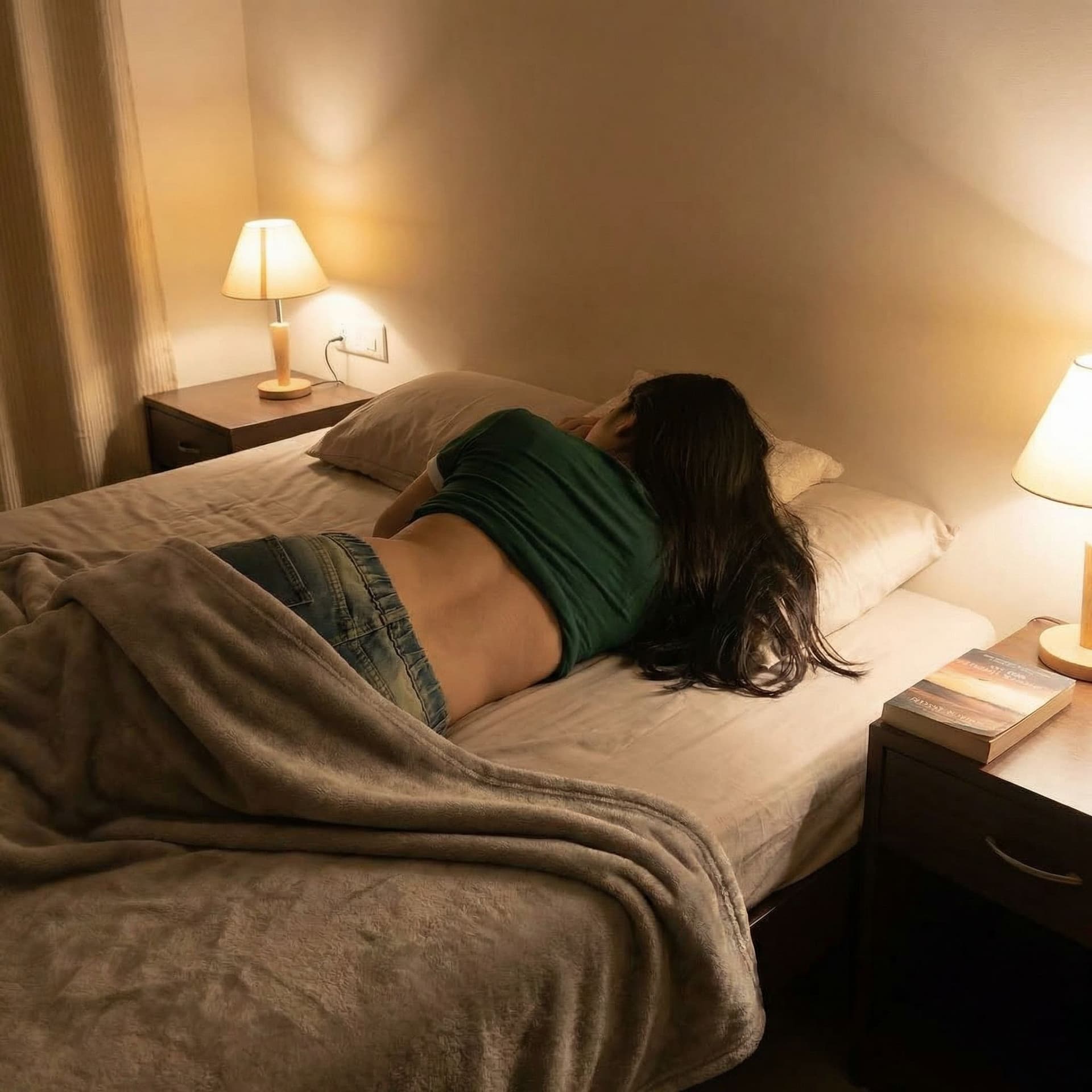 AI generated: This girl is sleeping lying face down on bedroom with lights and showing her back body 