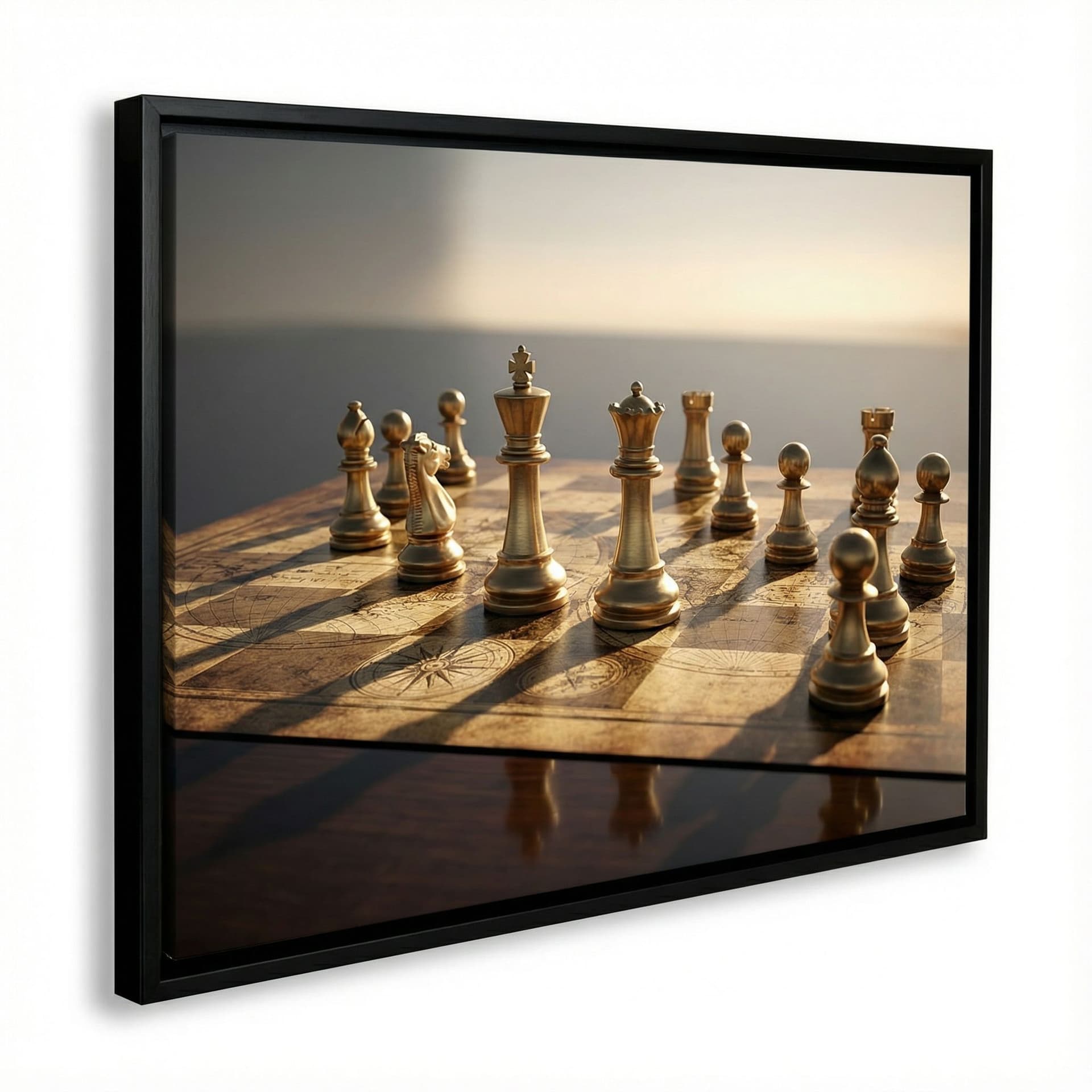 AI generated: a cinematic photograph of intricately designed golden chess pieces strategically positioned on a ric...