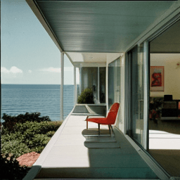 AI generated: Hyper realistic eye level exterior photo of a mid century modern style house overlooking the ocean, ...