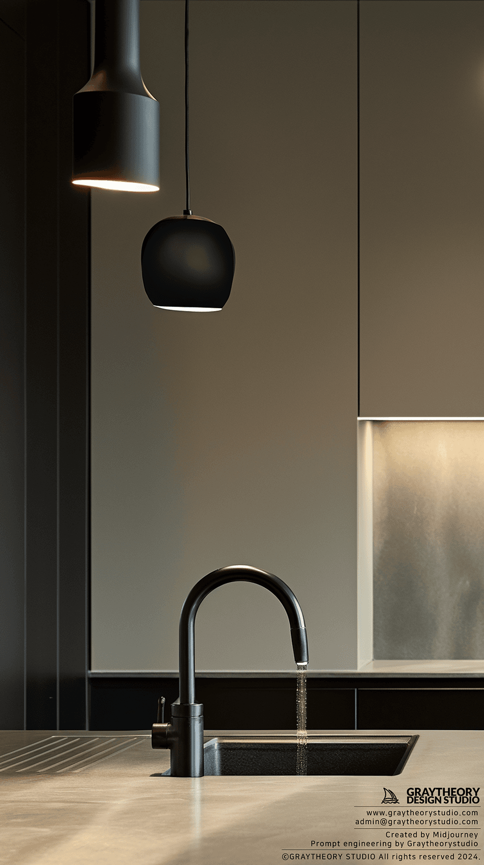 AI generated: modern kitchen, in the pre-dawn light, sleek concrete and matte black finishes, with a Pantone palet...