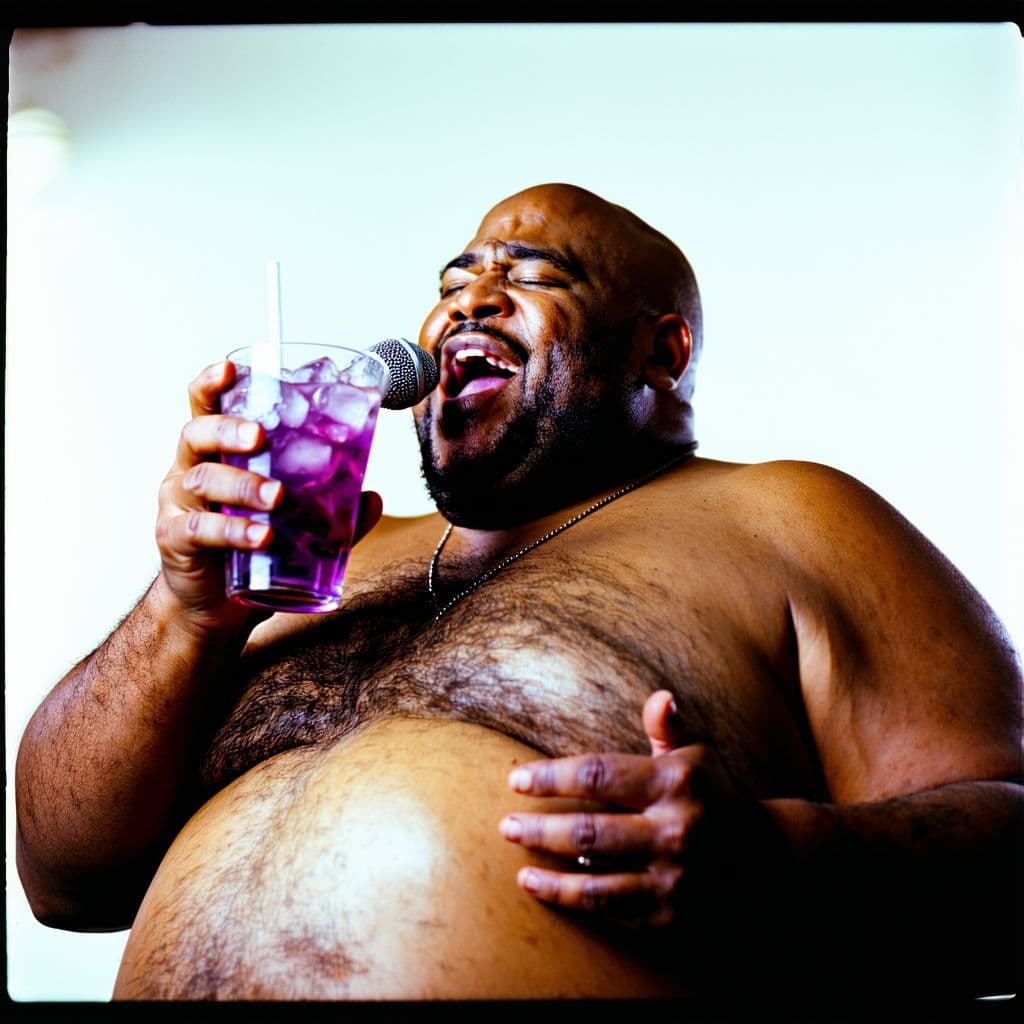 AI generated: very fat, obese, massive, bald black man in the world holding a cup of purple drink with ice cubes, ...