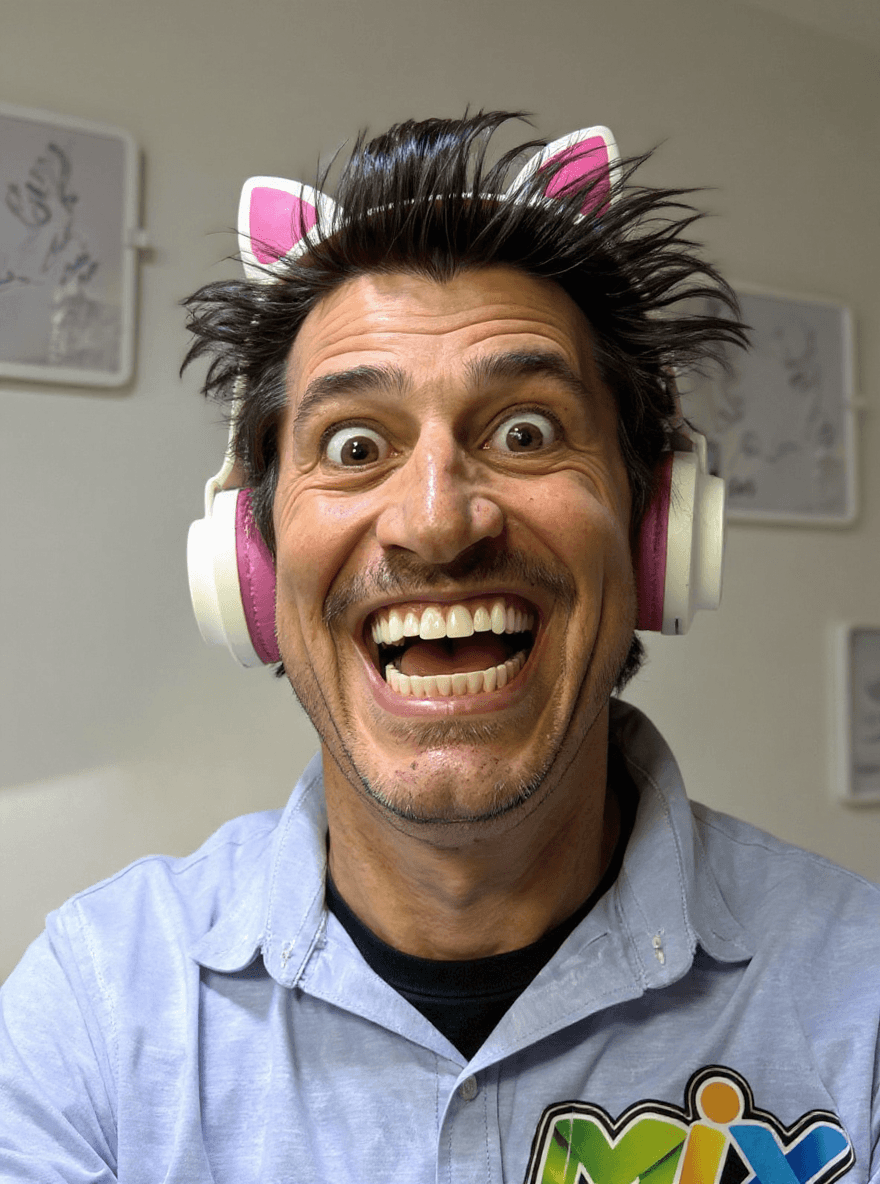 AI generated: funny caricature, exaggerated cartoon human, male, 40 years old, wild-haired, big-nosed, toothy, imp...