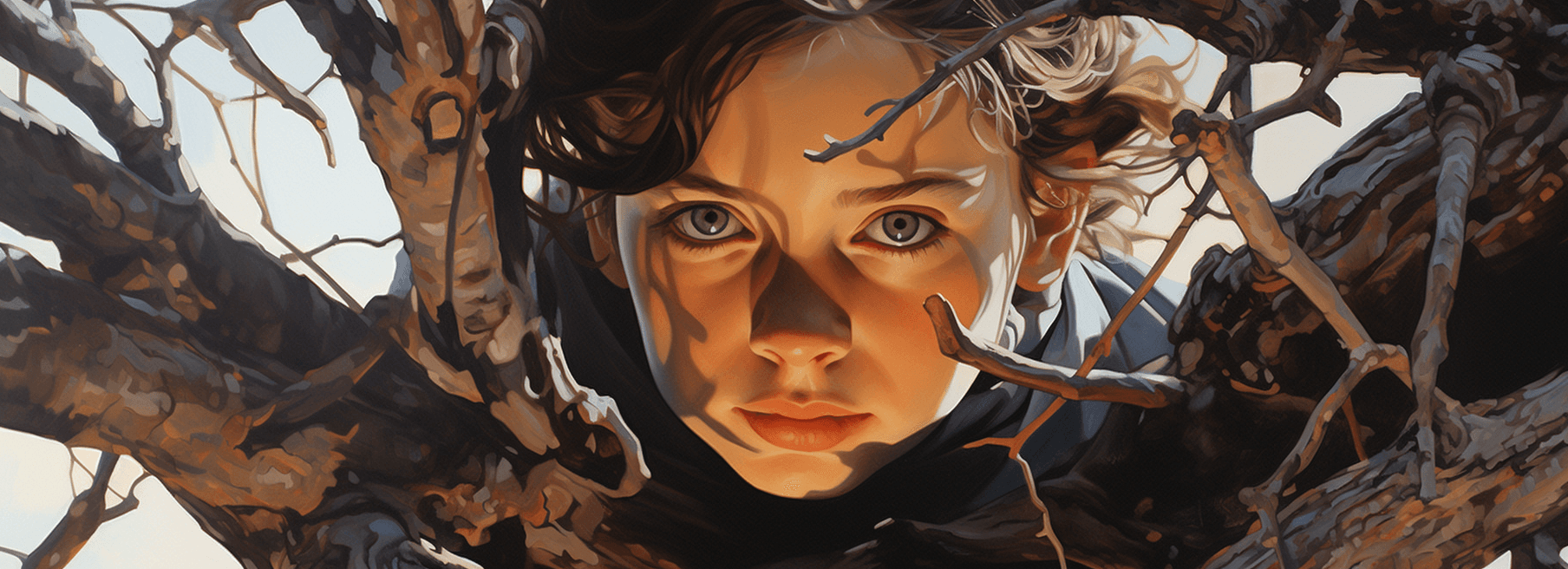 AI generated: a painting showing a girl in a tree branch, in the style of cinematic montages, dark brown and light...