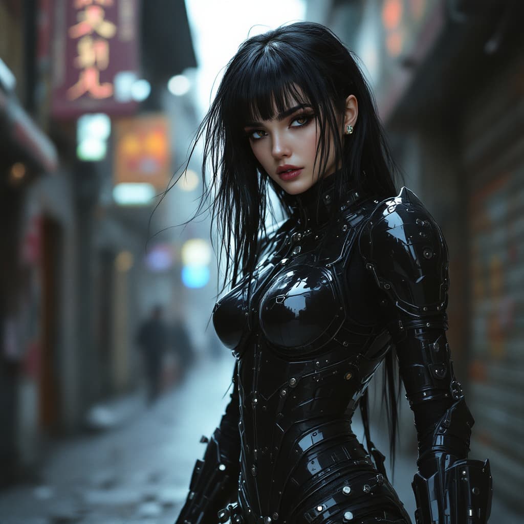 AI generated: A full body shot, beautiful European woman with black hair and bangs, in the style of Masamune Shiro...