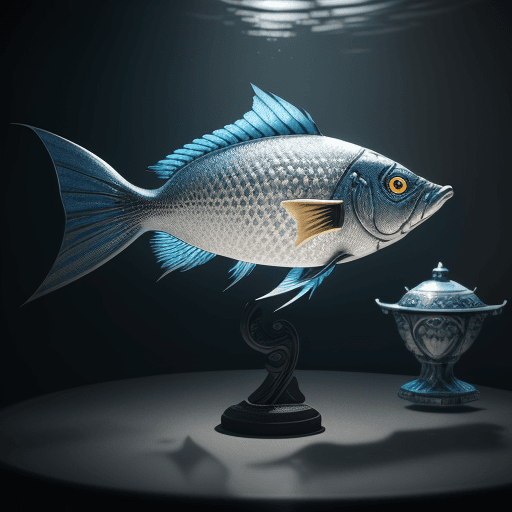 AI generated: Fish on the table with the design and character of batman The fish is gold and Blue dark, no waterma...
