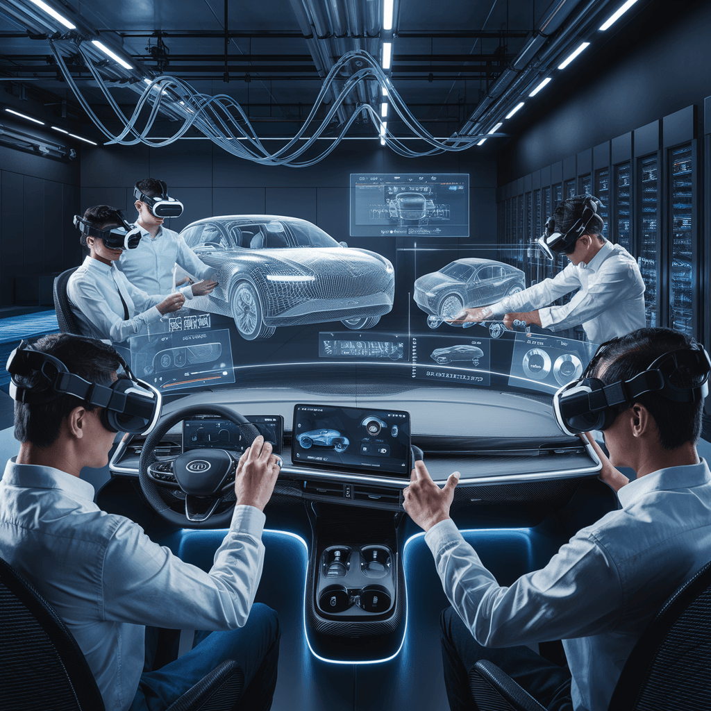AI generated: a high-resolution image showing immersive 3D environments with virtual cars, engineers with VR heads...