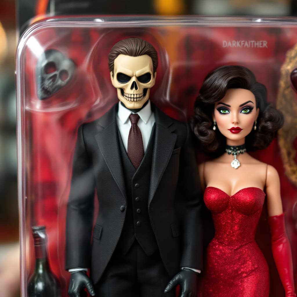 AI generated: A stylized collectible action figure in a toy package labeled "DARKFAITHER" for ages 18+, featuring ...