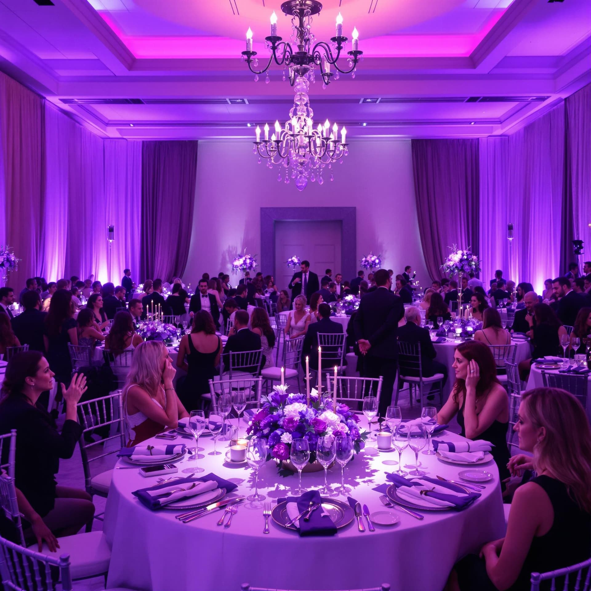 AI generated: A violet colour wedding reception with many guests in attendance 
